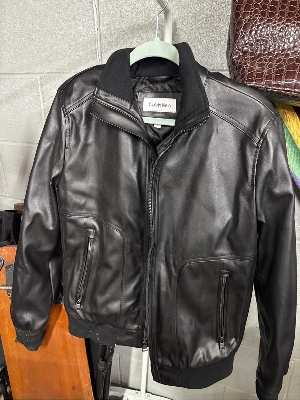 Calvin Klein Black Leather Bomber Jacket with Rib Knit Collar